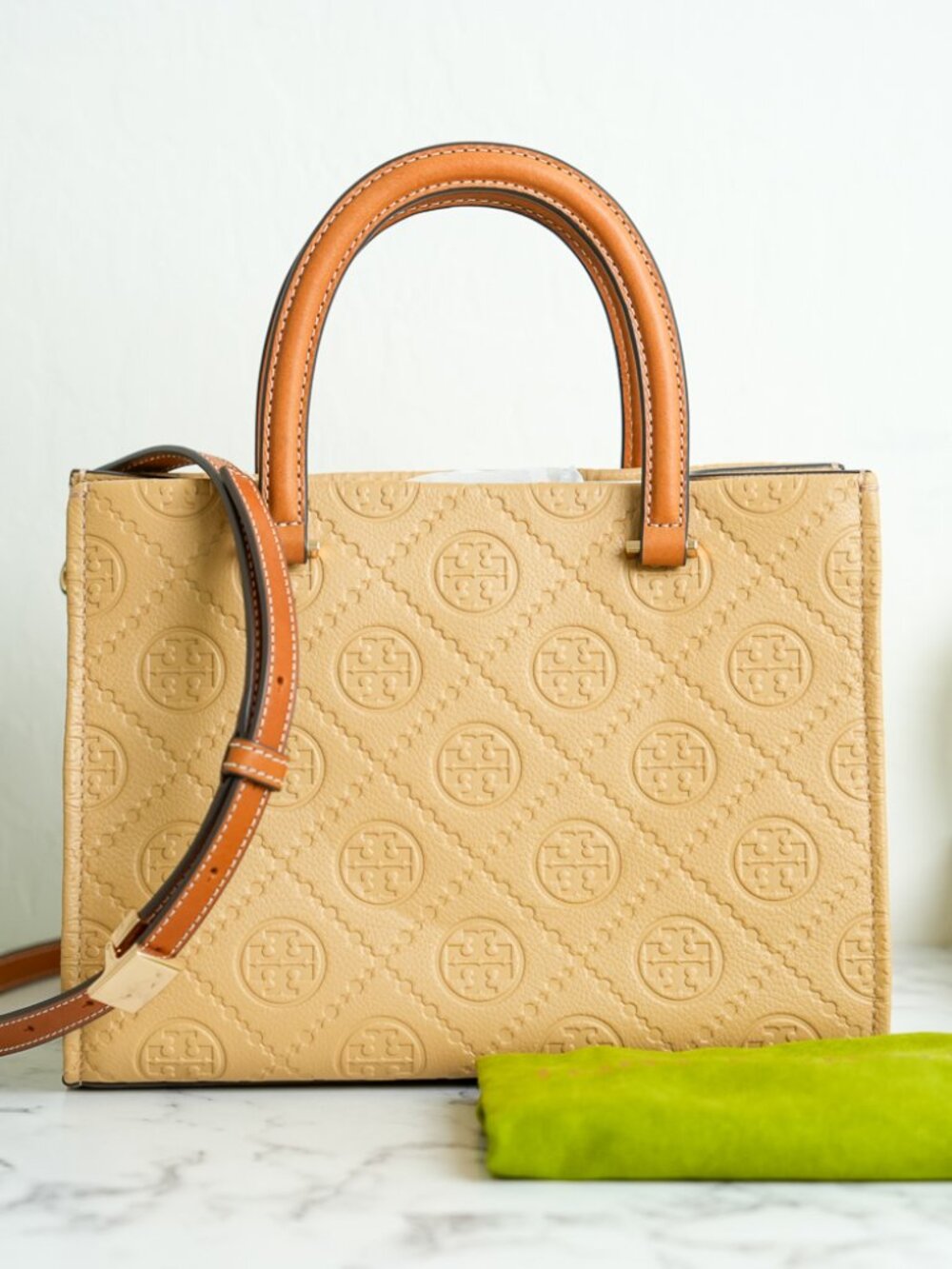 Tory Burch T Monogram Pebble Leather Square Tote in Biscotti NWT